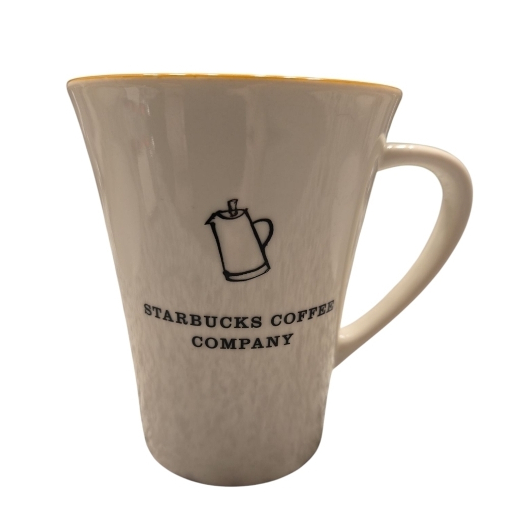 STARBUCKS 2006 PERCOLATOR STYLE MUG. WHITE AND YELLOW. 14 OZ.